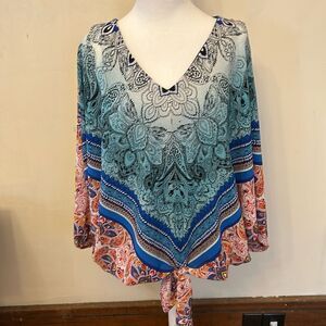 Coco Bianco royal blue red V neck tie waist bat wing blouse Size L EUC